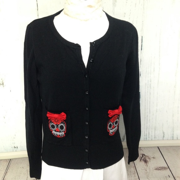 Too Fast Sweaters - Day of the Dead Sugar Skulls Black Cardigan